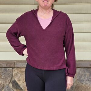 Roxy Cropped Hoodie Sweater, Deep Purple, Button & Tie Detail, Size Large